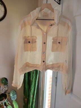 POL Boutique Cream Beach Crochet Hooded Jacket 100% Cotton Size Medium Oversized